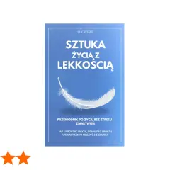 Okładka książki "Sztuka życia z lekkością" z piórkiem na niebieskim tle.