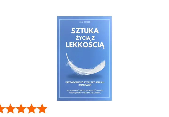 Okładka książki "Sztuka życia z lekkością" z piórkiem na niebieskim tle.